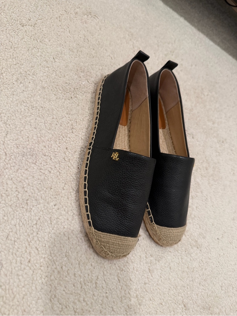 Ralph Lauren Black Leather Espadrille Slip-Ons with Gold Logo